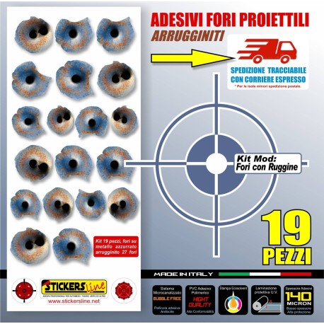kit adesivi raffica proiettili colpi di pistola fori buchi lamiera arrugginita