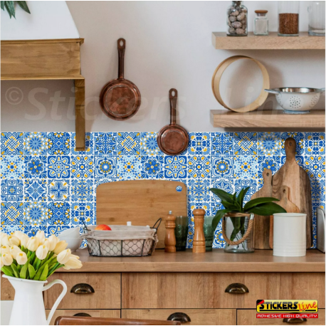 Adesivi piastrelle per cucina, bagno mattonelle portoghesi coverage blu - ocra