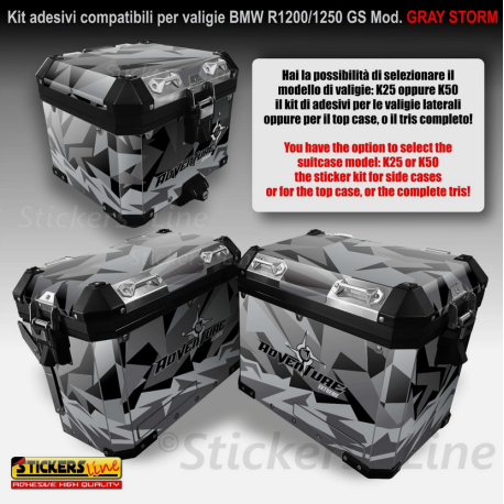 Kit adesivi valigie + top case compatibili BMW R1200 - R1250 GS mod. Gray Storm
