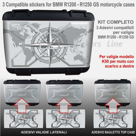 3 adesivi Rosa dei Venti valigie vario per BMW R1200 R1250 Mod K50 Grey - White