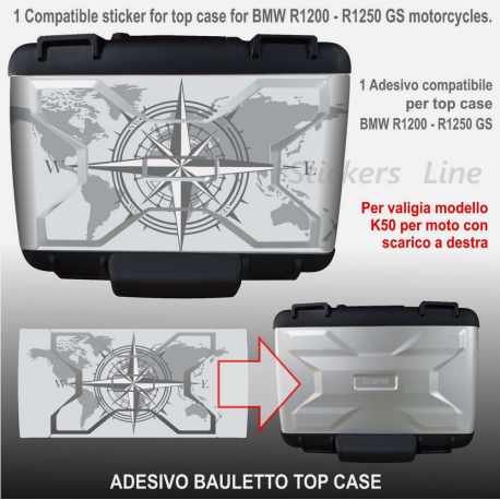 Adesivo Rosa dei Venti top case vario per BMW R1200 R1250 Mod K50 Grey - White