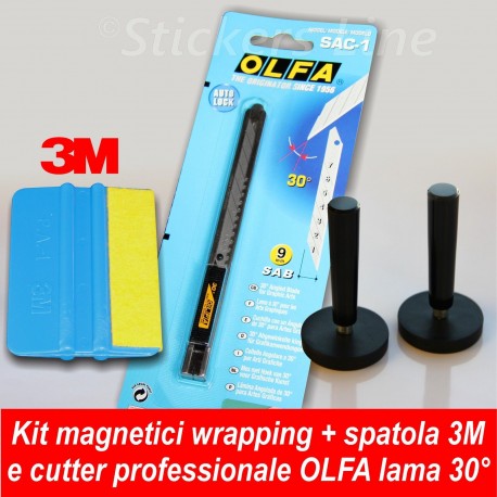 Spatola 3M + Cutter OLFA lama 30° + Coppia di calamite per CAR WRAPPING adesivi
