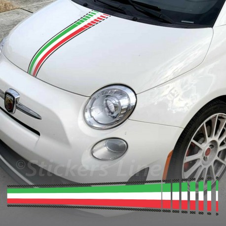 Adesivo COFANO Fiat 500 595 695 Abarth Tricolore Italia + effetto carbonio