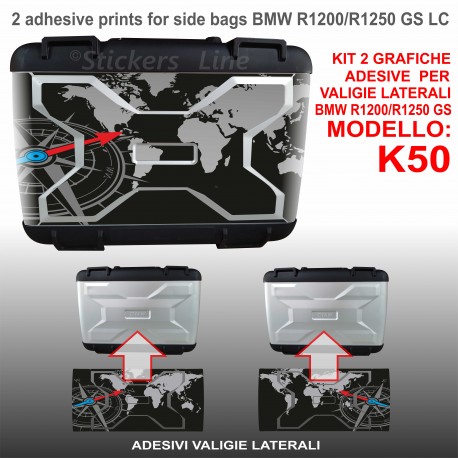 2 adesivi borse LATERALI valigie BMW R1200 R1250 GS bussola planisfero BLACK dal 2013