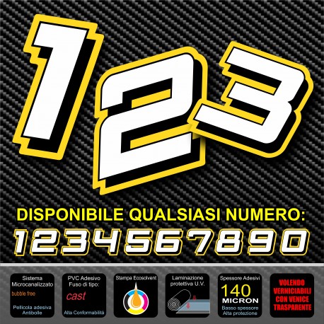 Adesivo numero gara BIANCO - GIALLO M. 8 numeri Moto Gp CIV SBK Go Kart Scooter Quad Auto