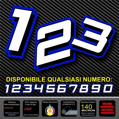 Adesivo numero gara BIANCO -  BLU M. 8 numeri Moto Gp CIV SBK Go Kart Scooter Quad Auto